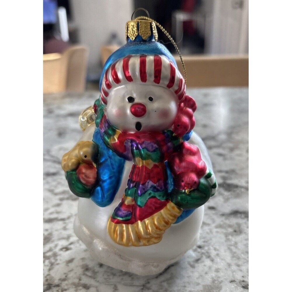 Vintage BK Christmas Tree Ornament Snowman  Hand Blown Glass Rainbow Scarf 5”